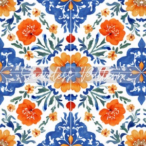 Puede incluir: Patrón sin costuras con un diseño de acuarela. Presenta flores naranjas y amarillas, detalles florales azules y hojas verdes sobre un fondo blanco. El texto "Seamless Pattern" está superpuesto.