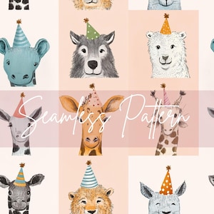 May include: Seamless pattern featuring watercolor illustrations of various animals, including giraffes, lions, and bears, each wearing a party hat. The design has a soft, pastel color palette with a repeating grid layout. The text "Seamless Pattern" is overlaid.