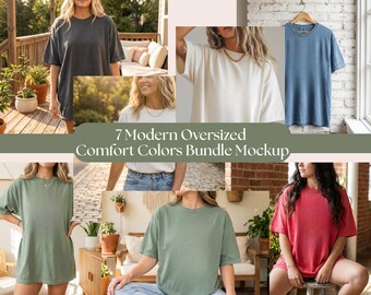 7つの快適な色のオーバーサイズTシャツモックアップバンドルモダンライフスタイルモックアップセットセージクランチベリーペッパーブルージーンズアイボリーモダンウーマン