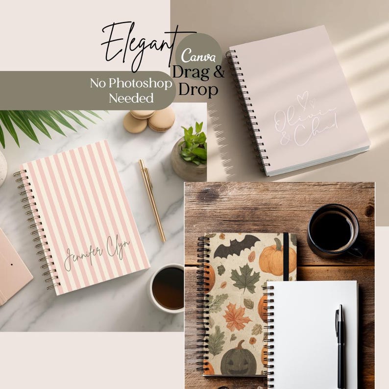 May include: A collection of spiral-bound notebooks with various designs. One notebook features pink and white stripes with the name "Jennifer Clyn". Another has a fall-themed pattern with pumpkins and bats. The image also includes a pen and a cup of coffee.