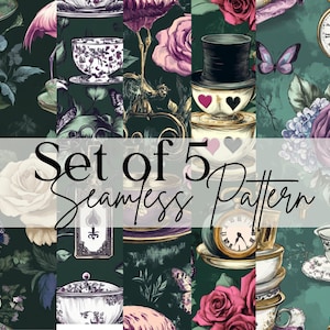 5er Set Alice in W Märchen Seamless Pattern Mad Hatter Geburtstag Print Queen of Hearts Wallpaper White Rabbit Bundle TeaParty Dark Fantasy