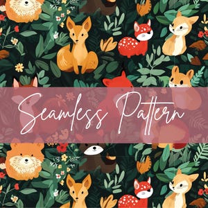 May include: Seamless pattern featuring woodland animals like foxes, deer, and hedgehogs, set against a backdrop of lush green foliage and colorful flowers. The text "Seamless Pattern" is displayed across the image.