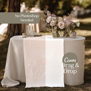 May include: A round table with a cream tablecloth, decorated for an outdoor event. A floral arrangement of pink and white flowers is in glass vases. A runner with the text "Olivia & Co" is on the table. The image also contains the text "No Photoshop Needed" and "Canva Drag & Drop".