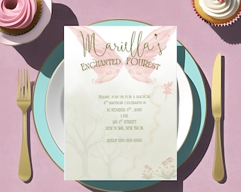 Enchanted FOURest Party Invitation | Fairy 4th Birthday Invite Girl | Editable Canva Template | Woodland Theme Printable