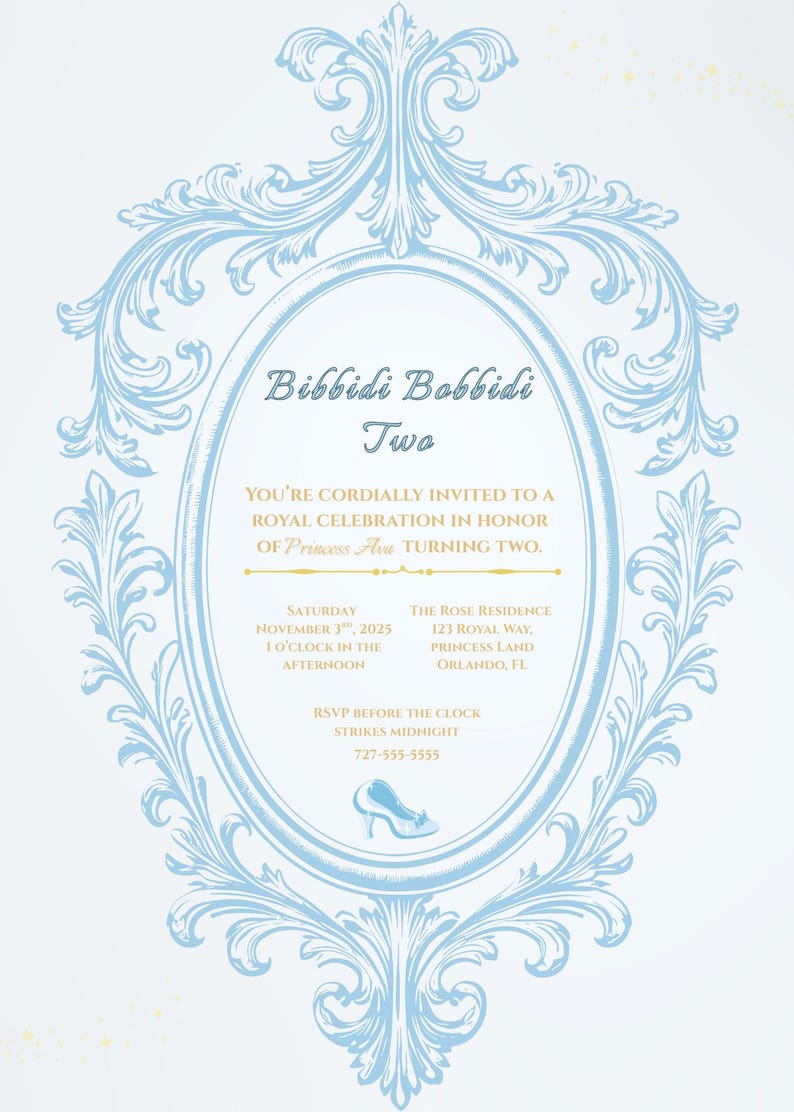 Bibbidi Bobbidi TWO Birthday Invitation Girl | Cinderella 2nd Birthday ...