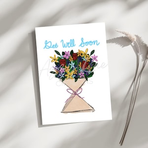 Cartão de melhoras – Buquê de flores desenhado à mão – Cartão de felicitações físico tamanho A7 com envelope – Mensagem reconfortante e edificante dentro