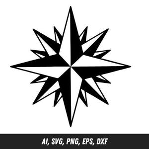 Peut inclure: Une rose des vents noire et blanche. La rose des vents comporte huit pointes, avec des formes triangulaires grandes et petites alternées. L'image comprend le texte "AI, SVG, PNG, EPS, DXF" en bas.
