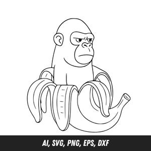 Könnte beinhalten: Schwarz-weiße Cartoon-Illustration eines Gorillas, der in einer geschälten Banane sitzt. Der Gorilla hat einen ernsten Gesichtsausdruck. Der untere Teil des Bildes enthält den Text "AI, SVG, PNG, EPS, DXF".
