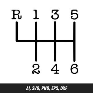 May include: Black and white graphic of a six-speed manual transmission gear shift pattern. The pattern includes the reverse gear (R), and gears 1 through 6. The bottom of the image includes the text: AI, SVG, PNG, EPS, DXF.