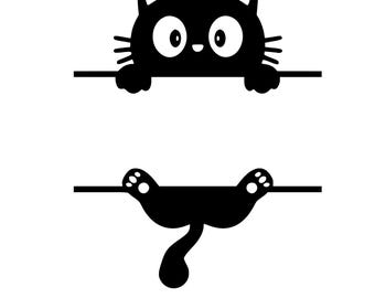 May include: Black cat graphic with large eyes and whiskers, peeking over a horizontal line. Below, a cat's paws and tail hang from another line. The image includes the text "AI, SVG, PNG, EPS, DXF".