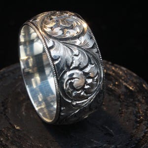 Sterling Silver Hand Engraved Floral Wedding Band – 925 Solid Silver Ring for Men & Women – Ornate Vintage Style Band, Customizable