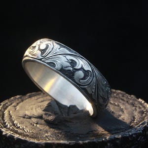 Hand Engraved Sterling Silver Floral Ring: Custom Band, Oxidized Finish