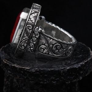 Handcrafted Sterling Silver Ring with Ruby Stone – Ottoman Style Men’s Ring – Vintage Red Gem Statement Ring