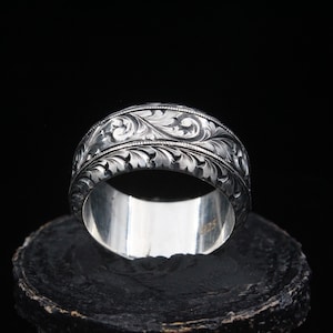 Hand Engraved Sterling Silver Wedding Band: 11mm Wide Floral Ring