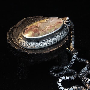 Sterling Silver Handmade Moss Agate Pendant – Landscape Patterned Statement Necklace