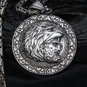 Silver Hercules Pendant Necklace – Greek Mythology Lion Head Medallion, Handcrafted Mens Jewelry
