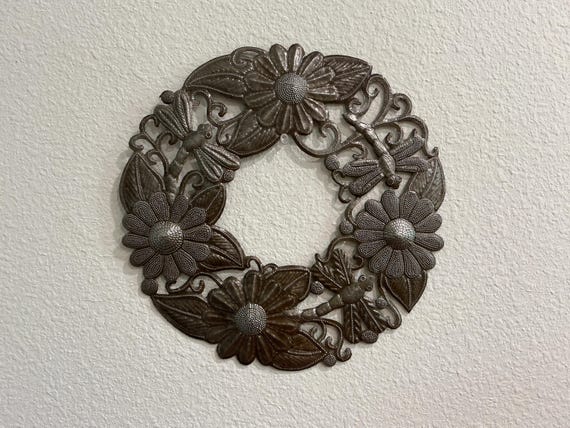 Recycled Metal Wreath Dragonfly Florals Haiti 12”
