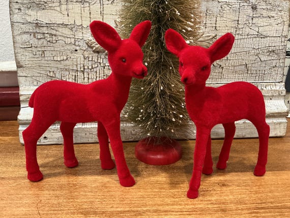 Red Velvety Flocked Deer Set of Two
