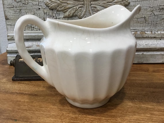 Ironstone Pitcher Ribbed Crazed Stained Vintage