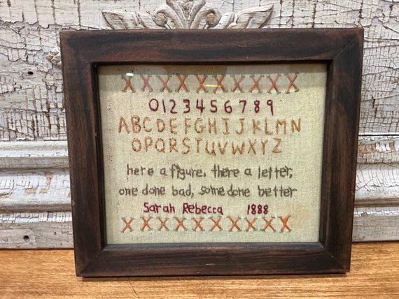 Vintage Child’s Exercise Sampler Cross-Stitch Linen Framed
