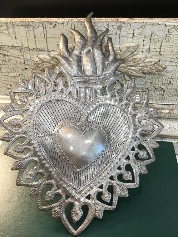 Silver Flaming Sacred Heart Milagros Handmade Metal Large Haitian Art