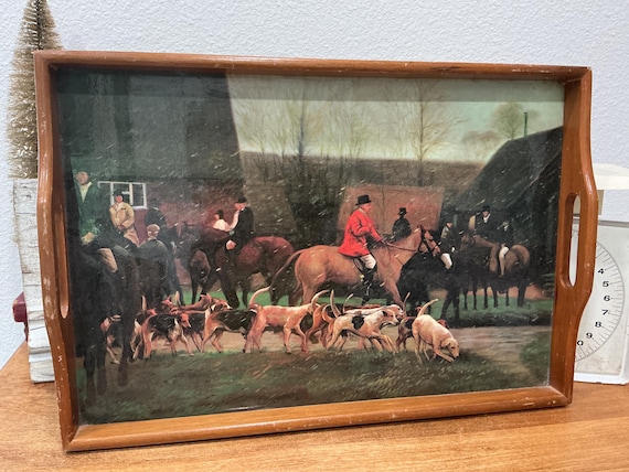 English Fox Serving Hunt Tray Wood Handles Vintage