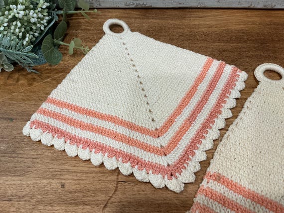 Handmade Crocheted Potholder Fan Shape Pink Cream Set Two