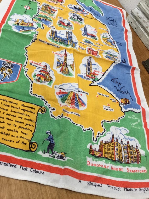 Vintage Tea Towel Lincolnshire England Bouquet Pictorial Map Linen
