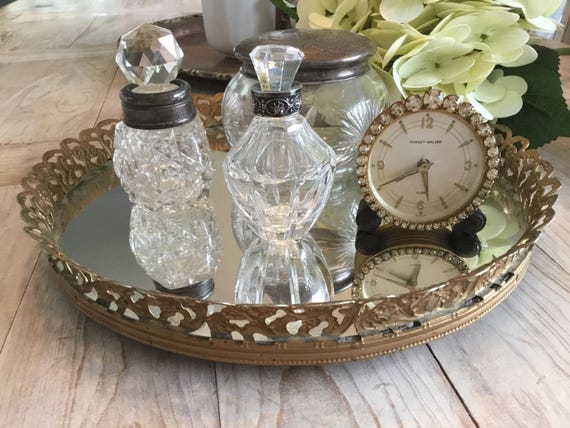 Vintage Vanity Tray Gold Filigree Round