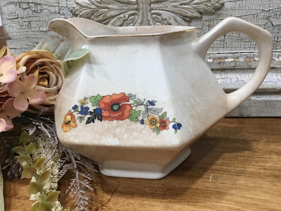 Ironstone Stained Red Poppies Pitcher Crazed Antique