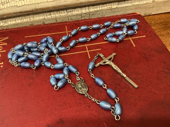 Vintage Catholic Rosary Blue Sacred Heart Jesus Mary