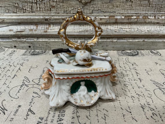 Antique German Victorian Fairing Trinket Box 19th Century Hunt Scene Conta Bohme