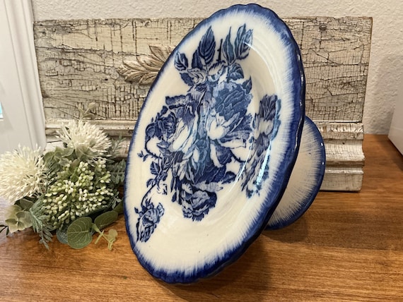 Blakeney Ironstone English Cake Stand Blue Roses Transferware
