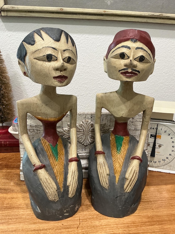 Traditional Loro Blonyo Wooden Wedding Statues Large Java Indonesia Set