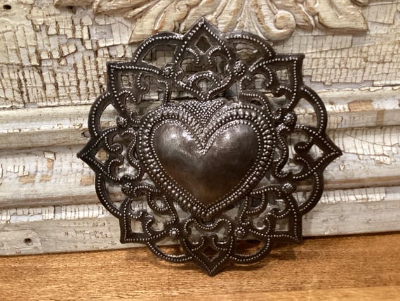 Silver Metal Heart Haitian Art 5”