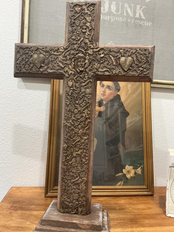 Wooden Cross With Milagros Vintage Large Handmade 25”