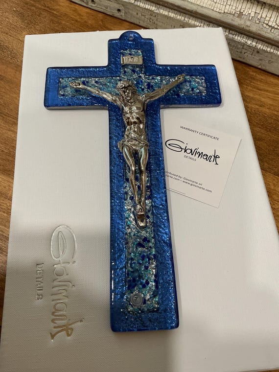 Italian Murano Glass Crucifix Giovinarte Original Blue