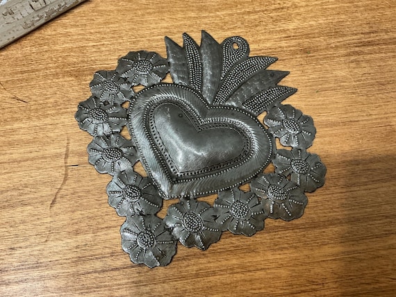 Haitian Silver Metal Floral Heart Handmade 5”