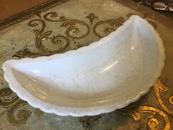 Ironstone Bone Crescent Plate Crazed Stained