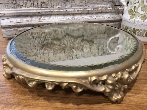 Vintage Hollywood Regency Mirrored Tray Plateau Riser Gold Beveled