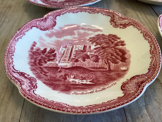 Set Johnson Bros. Saucers Old Britain Castles Red Transferware
