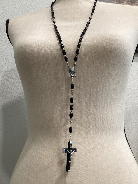 Vintage Italian Rosary Black Mid Century Catholic Mary Jesus