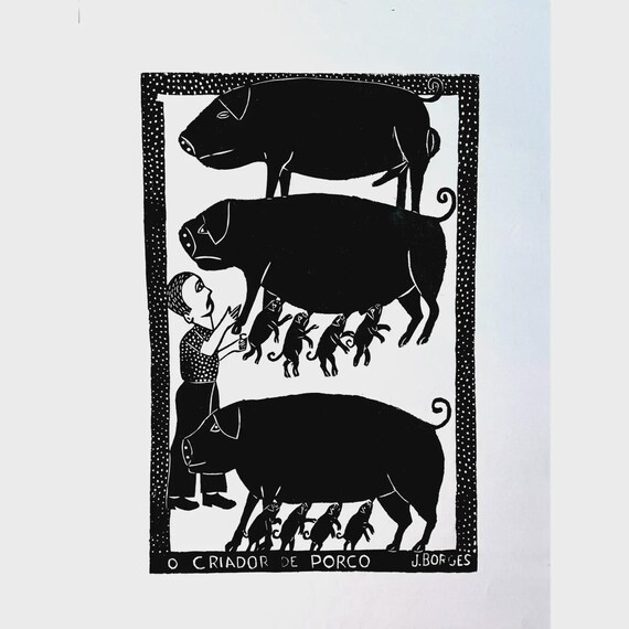Jose Borges Print O Criador De Porco Brazil Woodblock Print Pig Farmer Large