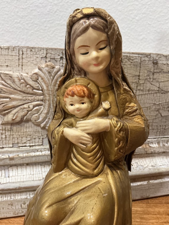Schmid Bros. Madonna and Baby Jesus Paper Mache Gold Vintage Figurine