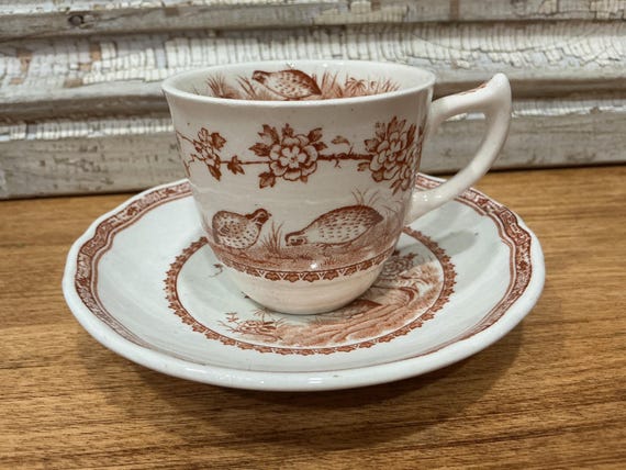 Furnivals Quail Cup Saucer Brown Transferware Set