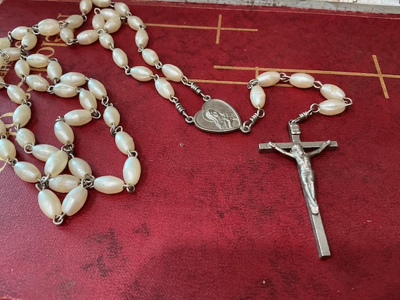Vintage Catholic Rosary Pearlescent Twin Hearts Devotion Jesus Mary