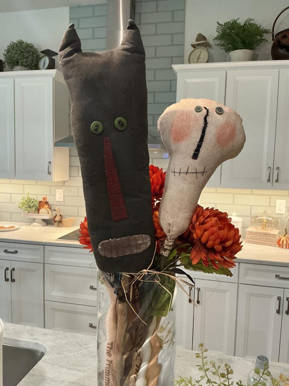Primitive Cat and Skeleton Fall Halloween Decor Handmade