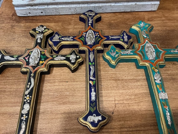 Mexican Handmade Cross Milagros Wood Wall Decor