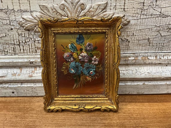 Mini Oil Painting Still Life Impasto Floral Ornate Gold Frame