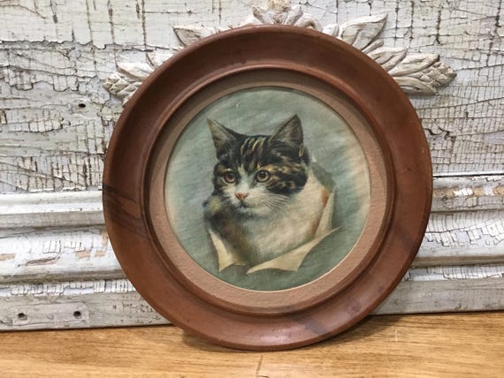 Vintage Cat Print Framed Mid-Century